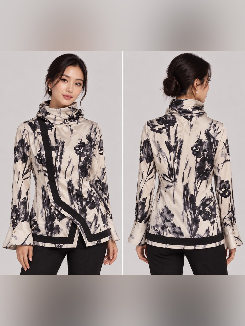 Shanghai Tang 100% Mulberry Silk Floral Blouse Top Mandarin Collar Size L